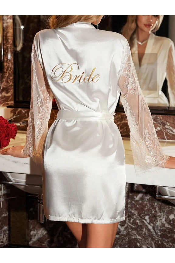 White Satin Bride Robe With Gold Embroidery And Lace Sleeves