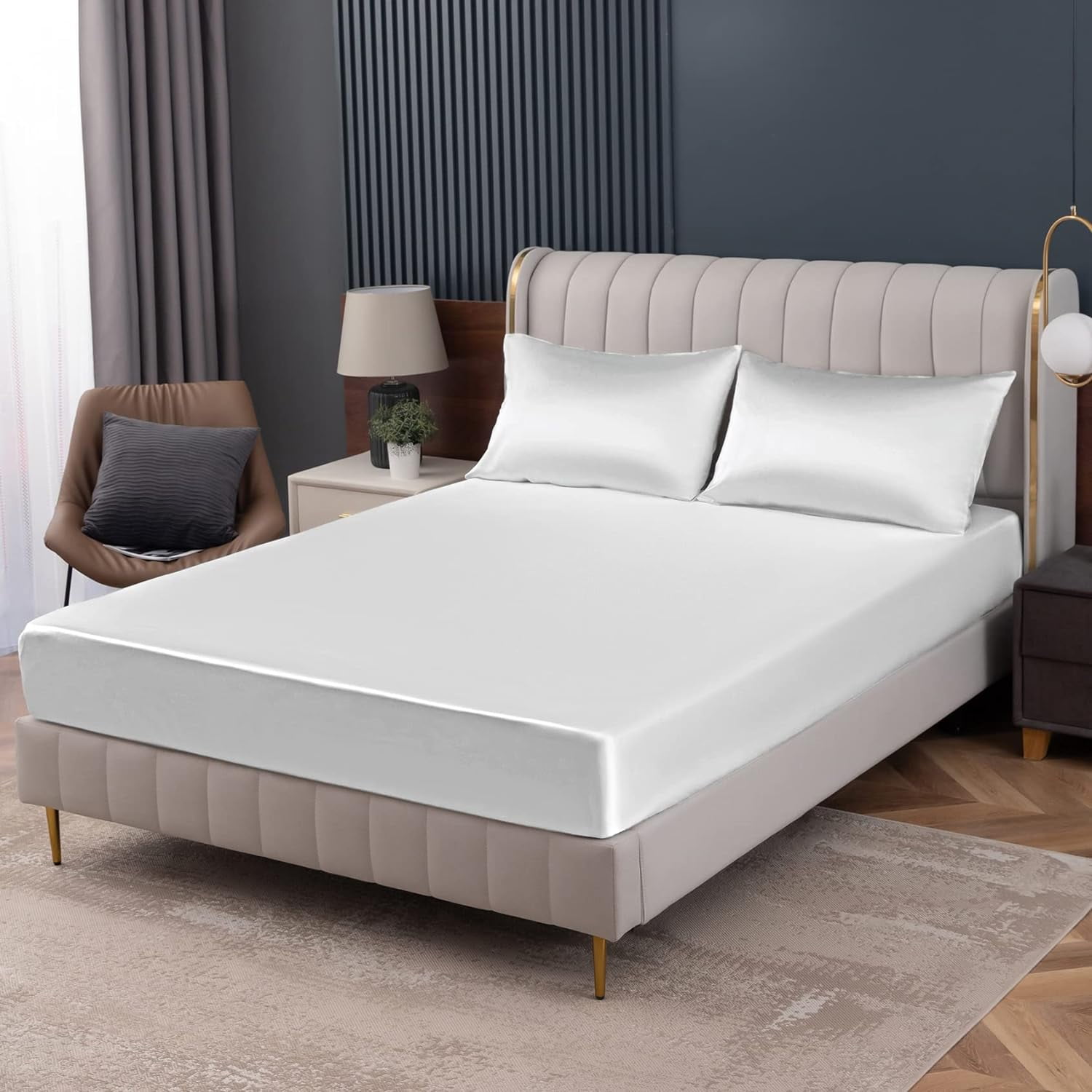 White Satin Fitted Sheet Twin Size Fitted Bed Sheet, Deep Pocket Fitted