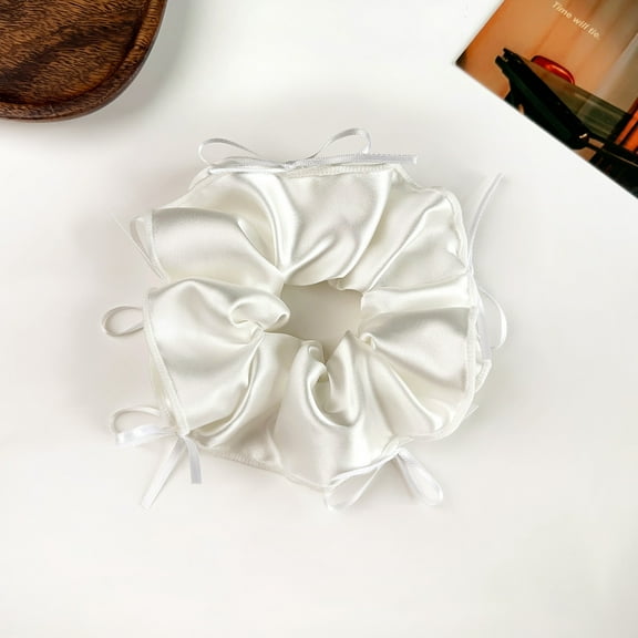 White Satin Hair Scrunchie with Long Bow - Ballet Style Ponytail Tie