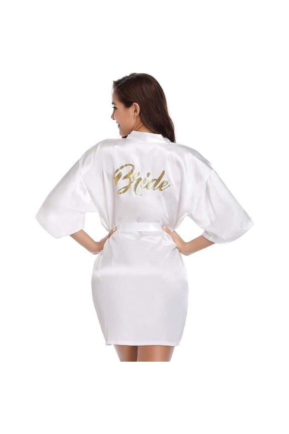 White Satin Kimono Robe Short Bathrobe For Bride With Gold Glitter Back
