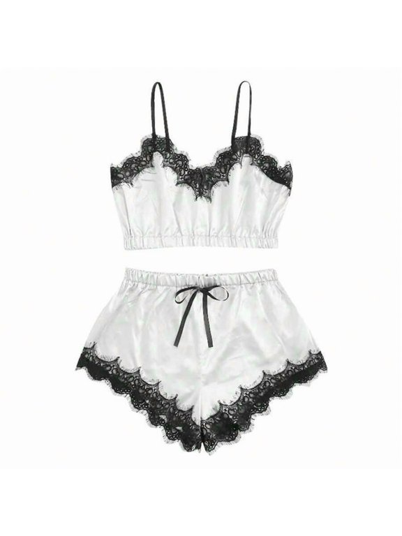 White Satin Lace Cami And Shorts Pajama Set For Women, Soft Loungewear Sleepwear