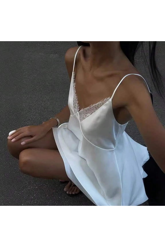 White Satin Lace-Trimmed V-Neck Slip Mini Dress - In Stock Same-Day Ship