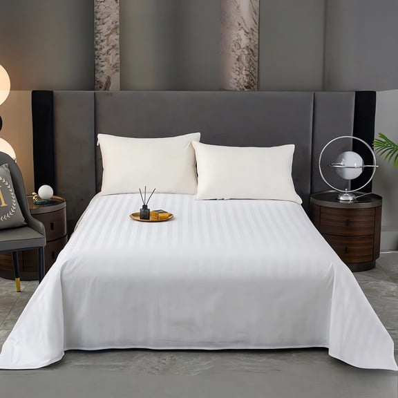 White Satin Strip Bed Sheets, Polyester Solid Tone Linen Set, Guest Room Holiday Gift Enhancement, Home Bedroom Decor Refreshment Solution, AESTIVO