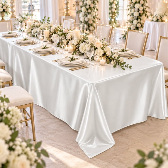 White Satin Tablecloth with Smooth Polyester Fabric, 57X84 Inch Rectangular Table Cover for Wedding Party and Christmas Dinner, Table Decoration