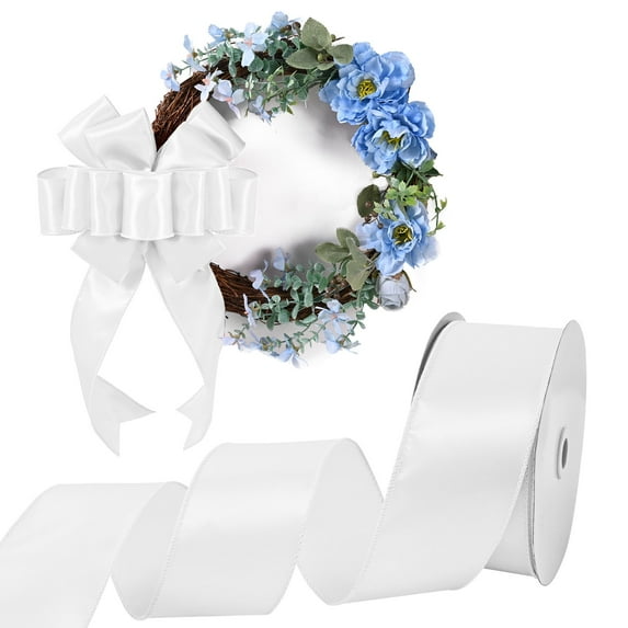 White Satin Wired Ribbon Wire Edge Decorative 2.5" x 25 Yd