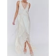 thumbnail image 1 of White Satin Wrap Maxi Dress With Lace Trim And Asymmetrical Hem, 1 of 7