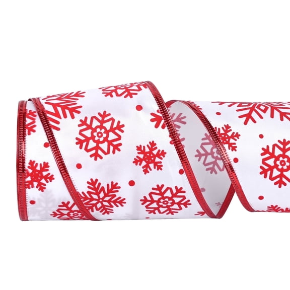 LoomJoyz White Satin with Red Snowflake Wired Ribbon 2.5 Inch x 15 Yards for Home Decoration Bow Gift Wrapping DIY Crafts