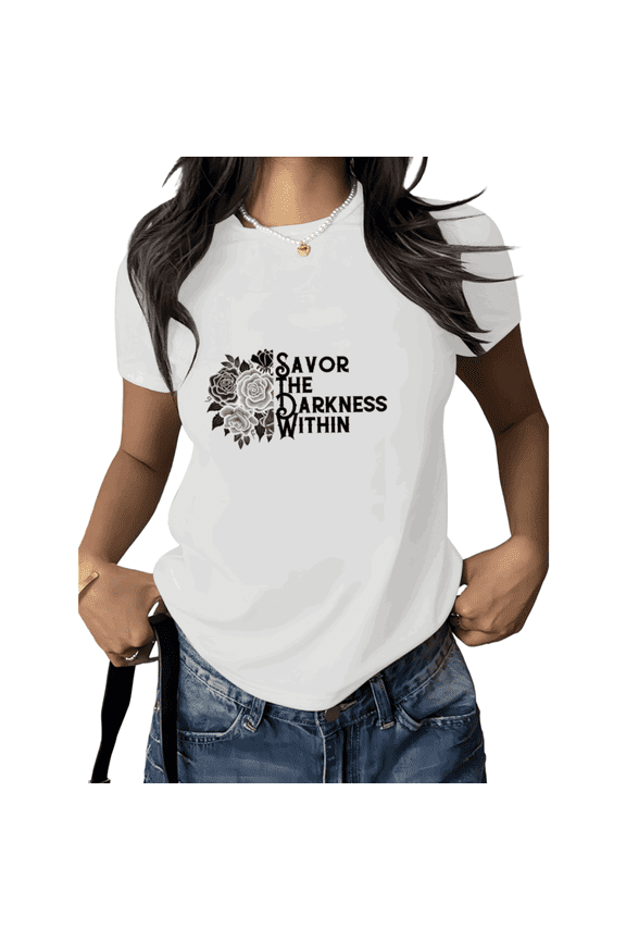 White Savor The Darkness Within Gothic Rose Print Tshirt Graphic Tees Dark Aesthetic Gothic Shirts Women Casual Short Sleeve Summer Size S 5XL Tops