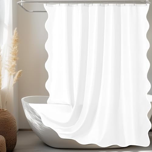 White Scalloped Fabric Shower Curtain, Aesthetic Cute Boho Scallop Preppy Shower Curtain Ruffle Waterproof Bath Bathroom Decor with Metal Hook 72 W x 72 H Inch