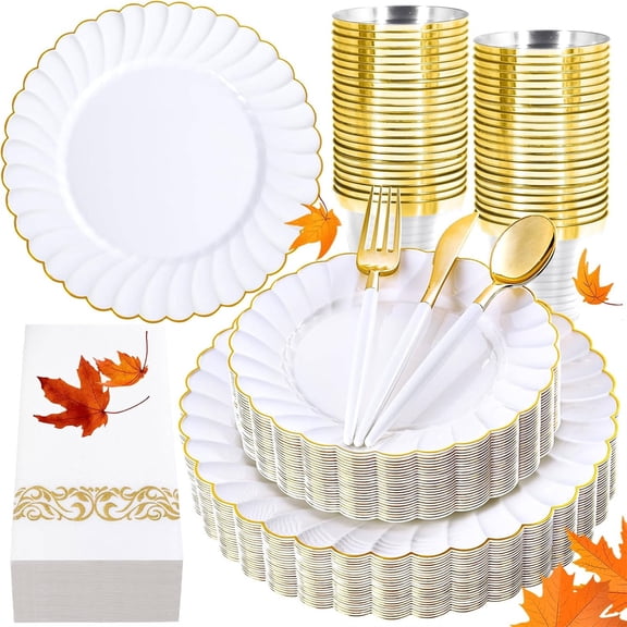 White Scalloped Plastic Plates with Gold Trim - Gold Plastic Silverware with Handle - Fancy High-End Dinnerware Sets for Wedding & Showers & Party & Thinksgiving (25 Guests)