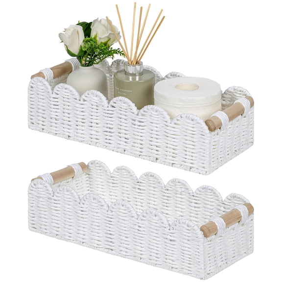 White Scalloped Woven Paper Rope Storage Baskets 2-Pack Multipurpose Home Organization