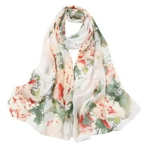 White Scarf Fashion Women Flower Print Long Soft Wrap Scarf Simulation Silk Shawl Scarves