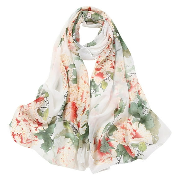 White Scarf Fashion Women Flower Print Long Soft Wrap Scarf Simulation Silk Shawl Scarves