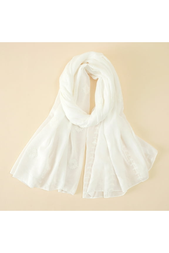 White Scarf Women Fashion Thin Plain Embroidered Cotton and Linen Long Scarf