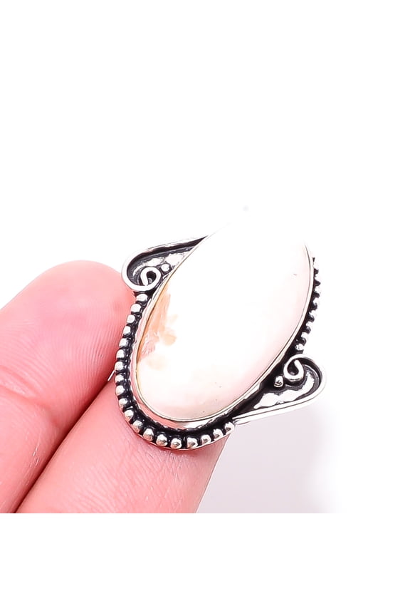 White Scolecite - India Designer Handmade 925 Sterling Silver Ring S.7.5 R22