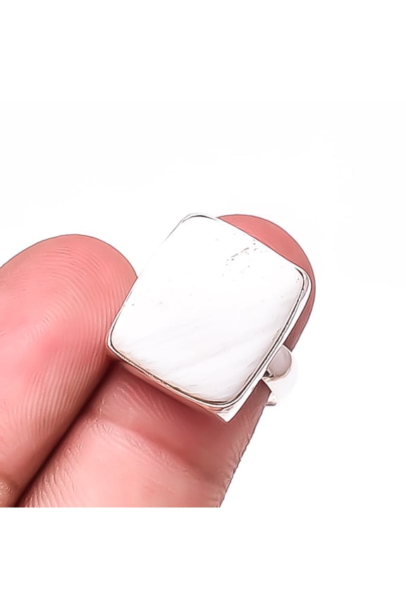 White Scolecite - India Designer Handmade 925 Sterling Silver Ring S.7 R28