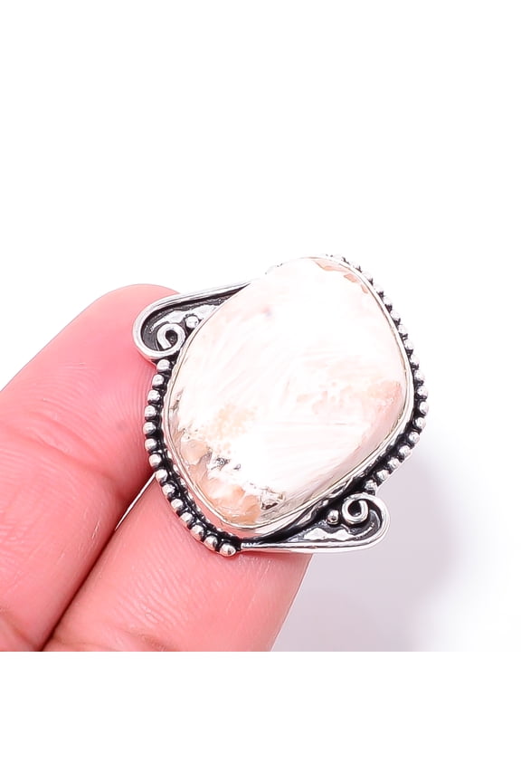White Scolecite - India Designer Handmade 925 Sterling Silver Ring S.9 R6