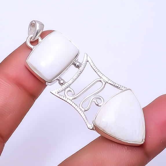 White Scolecite - India Gemstone 925 Sterling Silver Designer Pendant 2.34" A355, Beautiful Jewelry For Woman, New Year Sale, Valentin's Day Gift