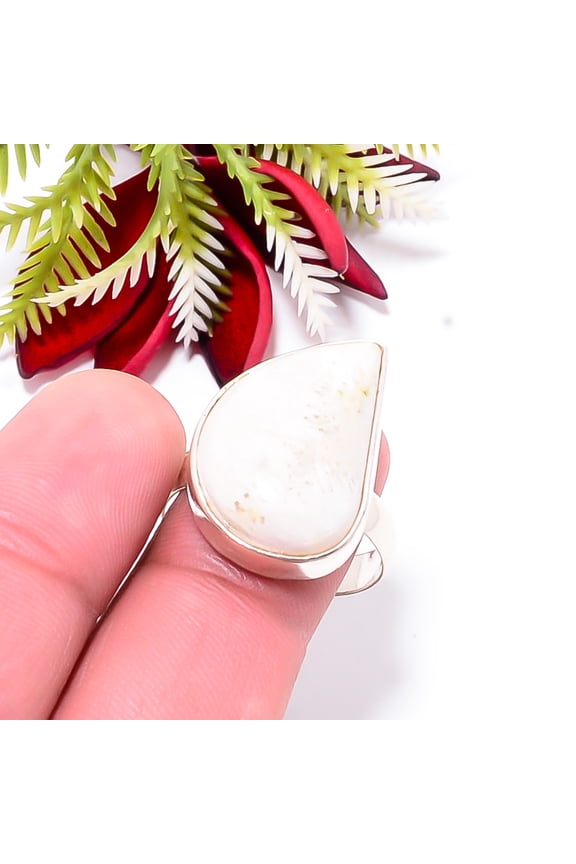 White Scolecite - India Gemstone 925 Sterling Silver Handmade Ring S.10 R56