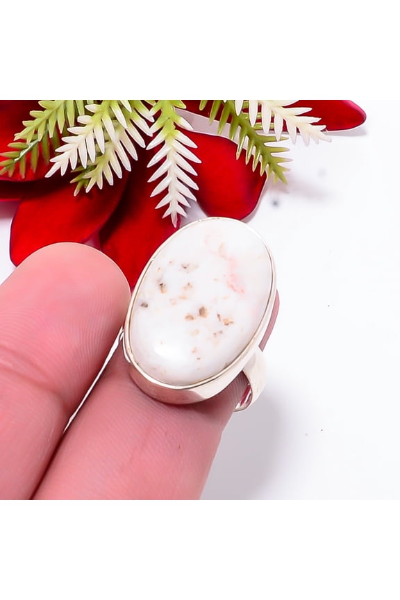 White Scolecite - India Gemstone 925 Sterling Silver Handmade Ring S.8 R17