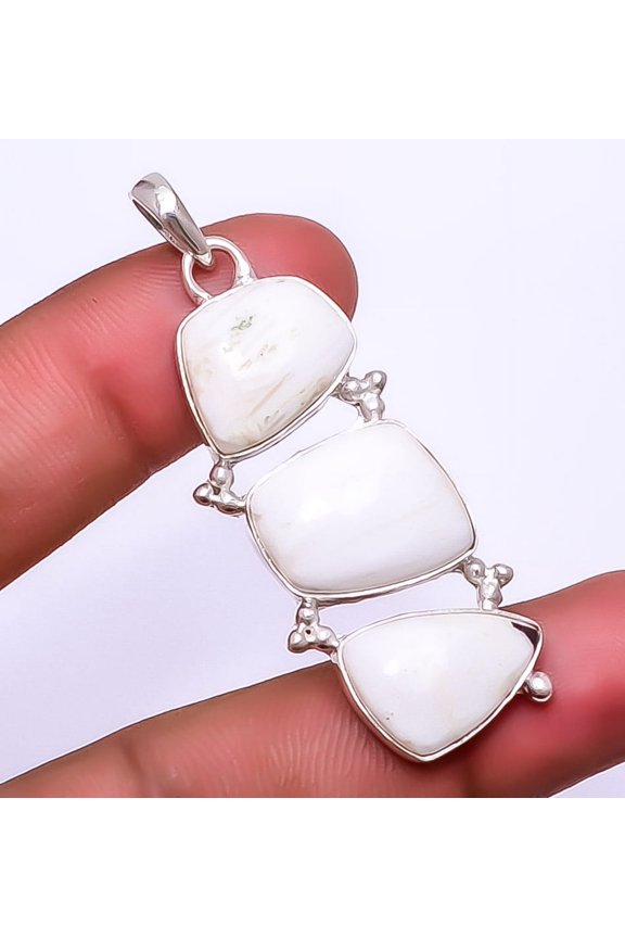 White Scolecite - India Gemstone 925 Sterling Silver Jewelry Pendant 2.15" A33, Christmas Gift, Gemstone Silver Jewelry, Scolecite Pendant, New Year S
