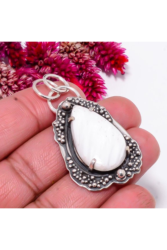 White Scolecite Oxidised 925 Sterling Silver Pendant 1.95" Su33, Christmas Gift