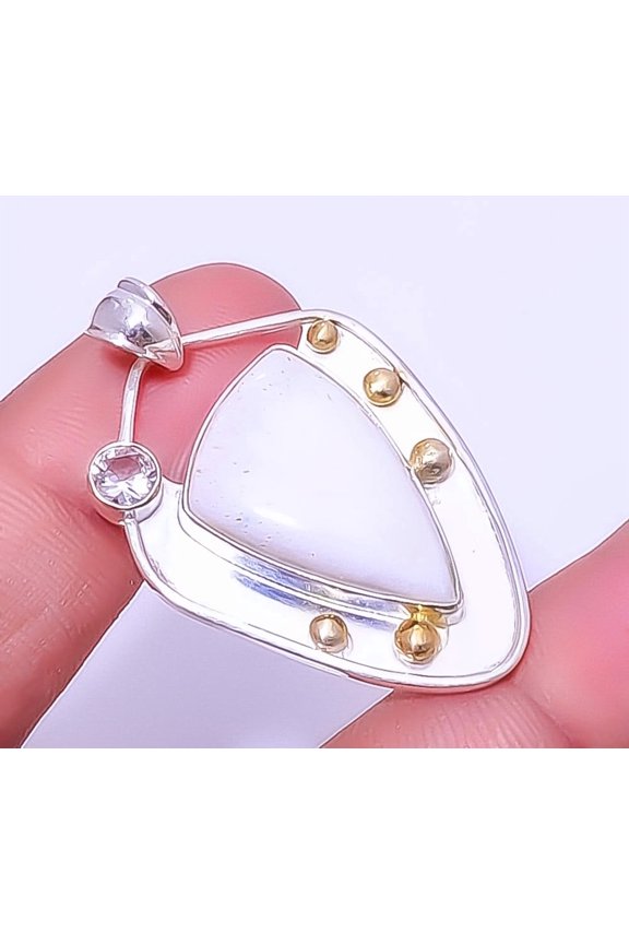 White Scolecite & White Topaz Gemstone 925 Sterling Silver Pendant 1.76" A355, Christmas Gift, Gemstone Silver Jewelry, Scolecite Pendant, New Year Sa