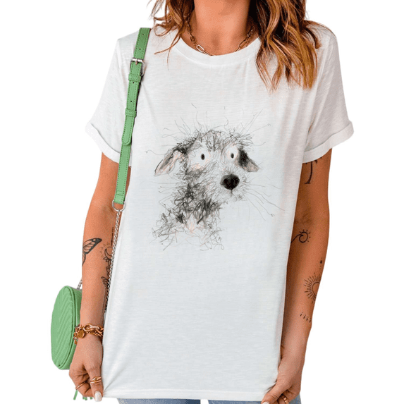 White Scribble Sketch Dog Portrait Graphic Print Tshirt Graphic Tees Shirts Cute Puppy Animal Lover Casual Tops S-5XL