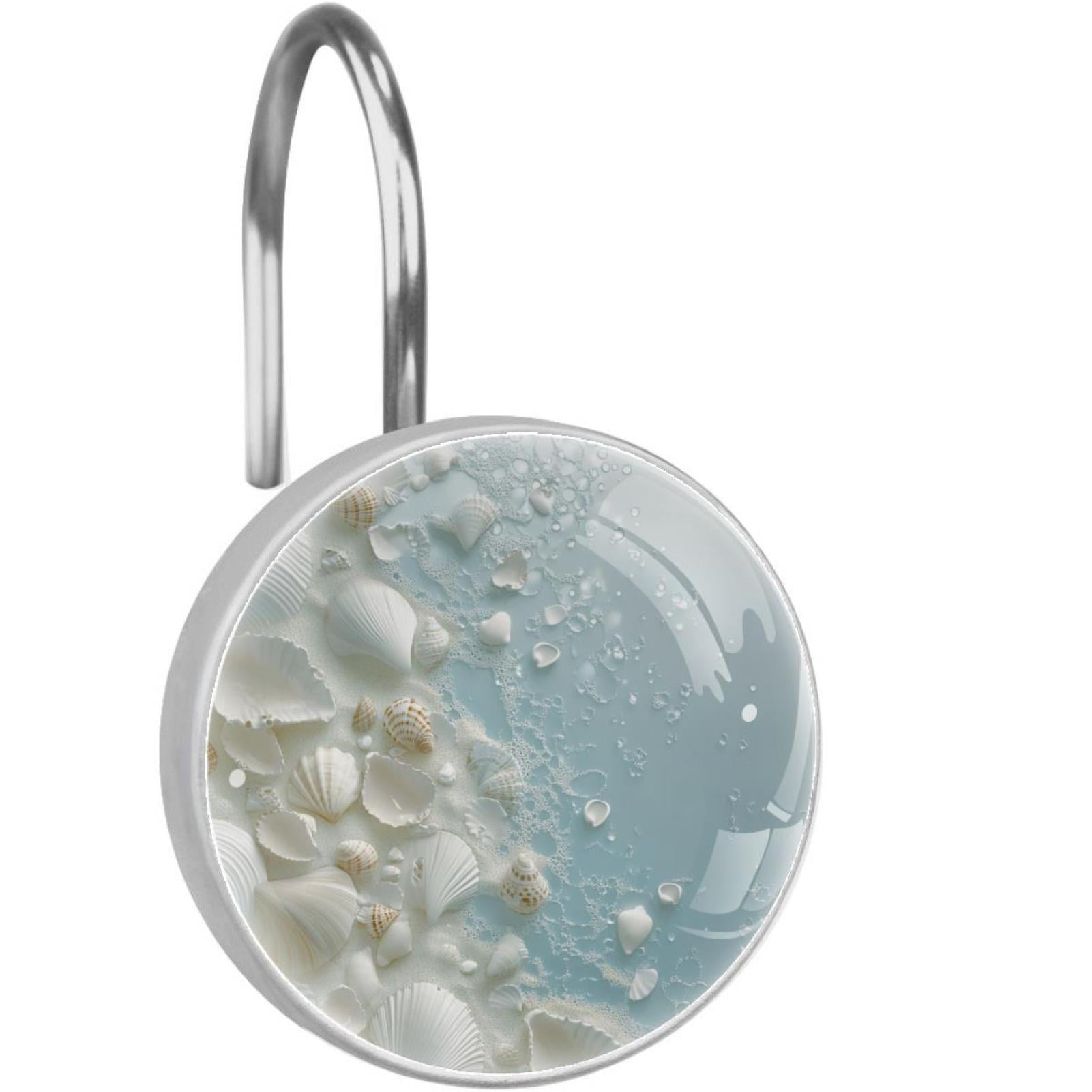 White Sea Shells Shower Curtain Hooks Round Crystal Glass, Set of 12 Shower Curtain Rings - Shower Hooks for Curtain Shower Rings