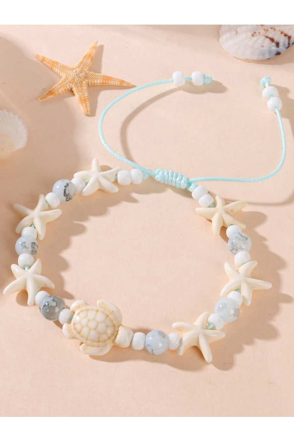 White Sea Turtle And Starfish Beaded Cord Bracelet For Summer Beach Holiday Outfits
