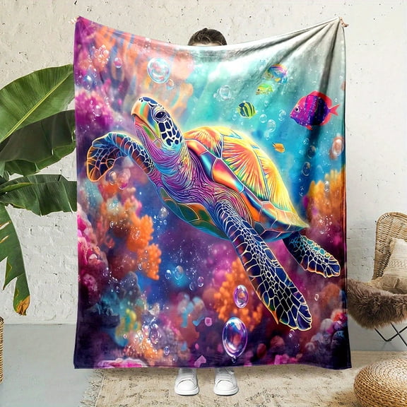 White Sea Turtle & Fish Print flannel Throw Blanket - Soft Flannel Marine Life Design with Coral Reef & Neon Turtles