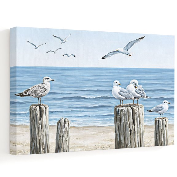 White Seagulls Canvas Wall Art, Coastal Nautical Beach Posts Blue Ocean Waves Wall Art Prints Artwork Framed Canvas Ready to Hang Art Pictures for Bathroom Bedroom Entry Desk Corner 10" x 8"