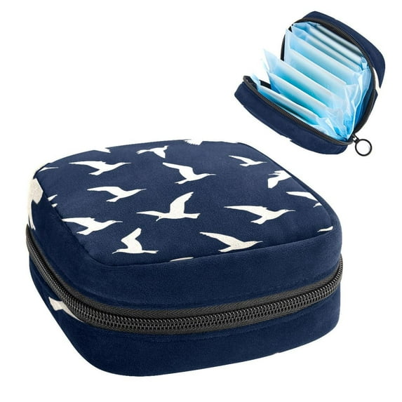 White Seagulls on Navy Blue Background Sanitary Napkin Storage Bag, Zipper Menstrual Cup Pouch Feminine Menstruation First Period Pads Holder for Girls Women Ladies