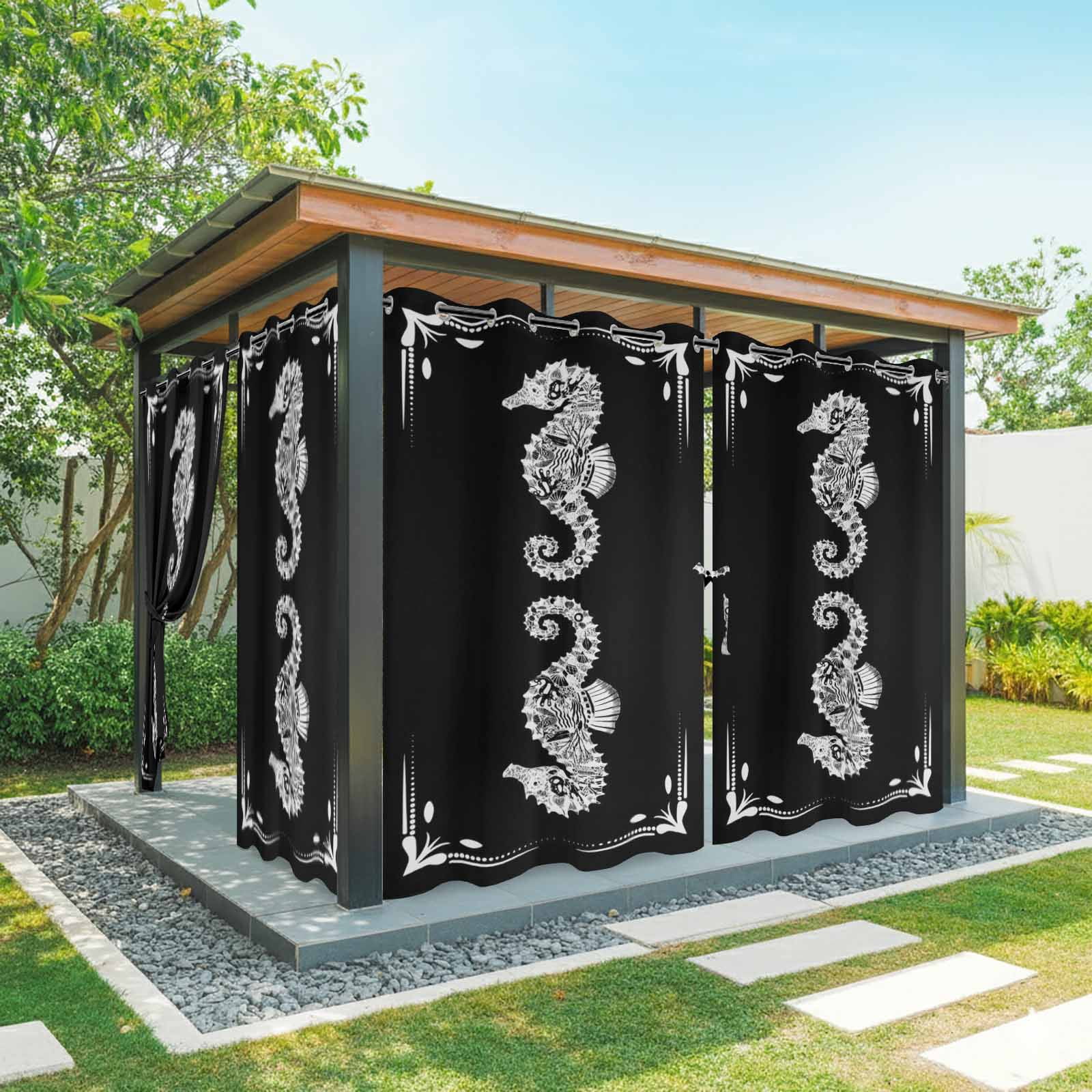 White Seahorse Outdoor Curtains for Patio, Retro Marine Life Black Background Sunshade Privacy Drapes Grommet Waterproof Outside Curtains for Porch/Cabana/Balcony 54"x 108", 1 Panel