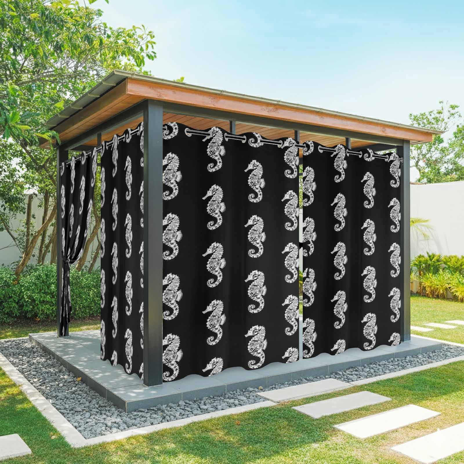 White Seahorse Outdoor Curtains for Patio, Watercolor Retro Summer Coral Ocean Black Background Sunshade Privacy Drapes Grommet Waterproof Outside Curtains for Porch/Cabana/Balcony 54"x 108", 1 Panel
