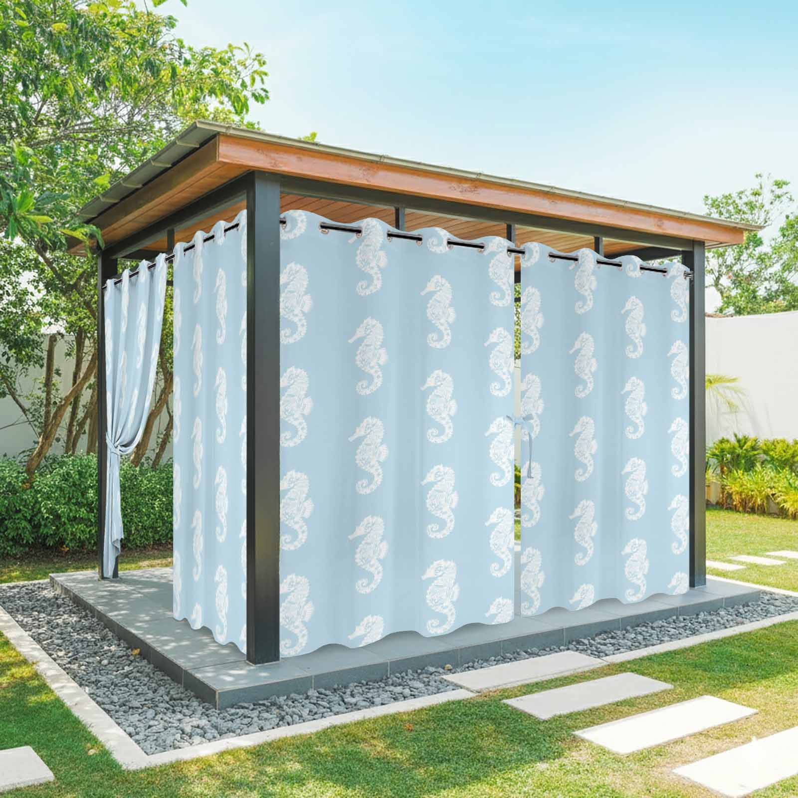 White Seahorse Outdoor Curtains for Patio, Watercolor Retro Summer Coral Ocean Blue Background Sunshade Privacy Drapes Grommet Waterproof Outside Curtains for Porch/Cabana/Balcony 54"x 108", 1 Panel