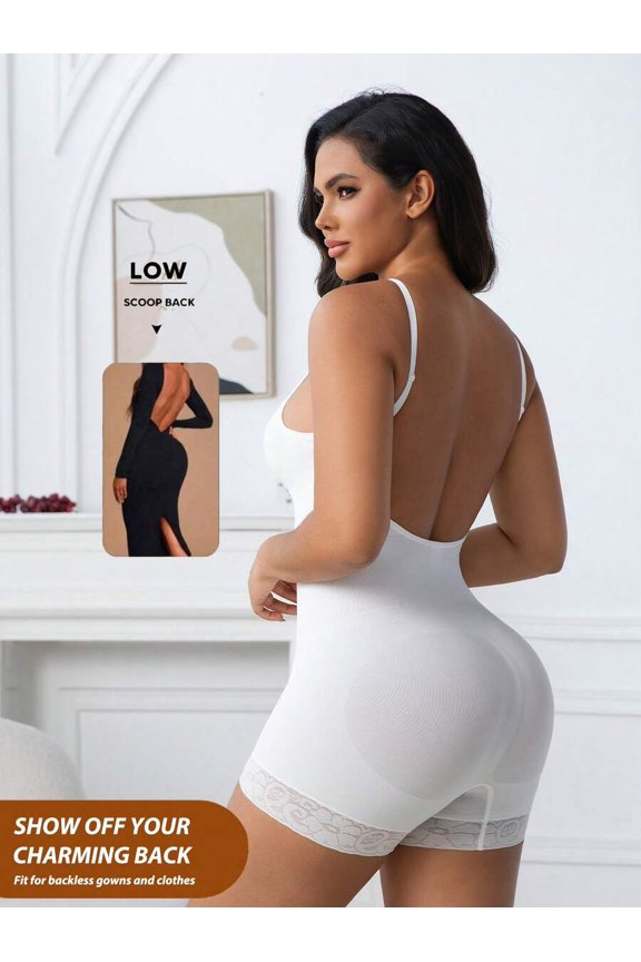 White Seamless Open Back Bodysuit With Lace Trim, Tummy Control & Butt Lift