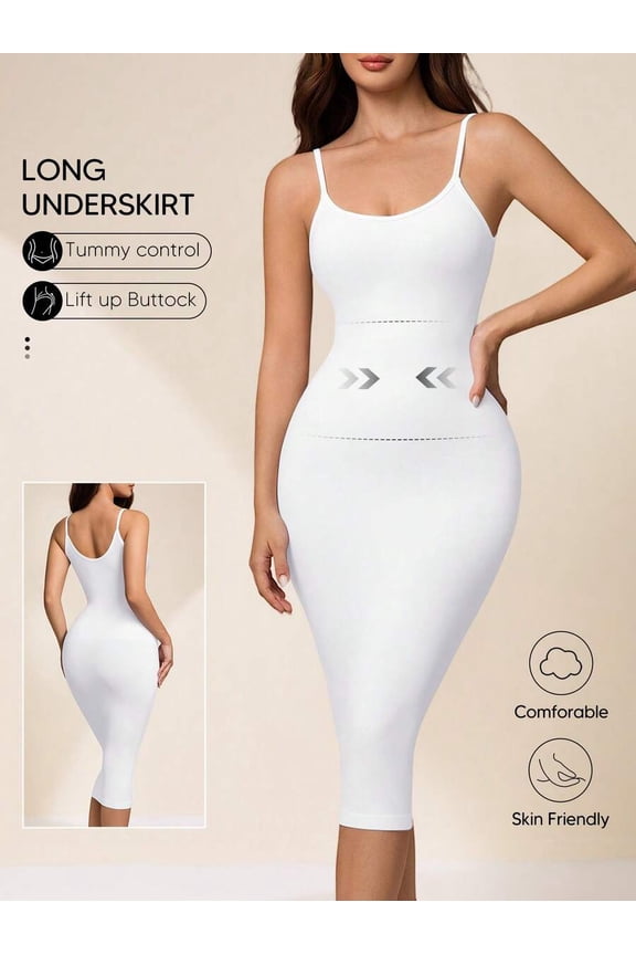 White Seamless Shaping Slip Dress With Tummy Control And Butt Lift