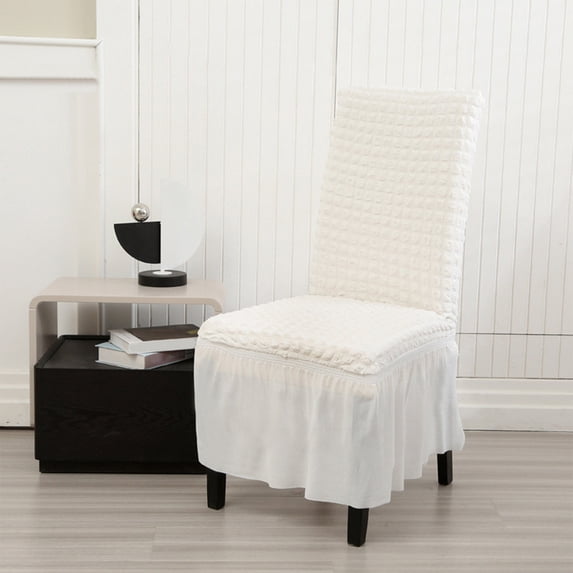 White Seersucker Skirt Chair Cover, Elastic Stretchable Furniture Protector for Dining Room and Wedding Party, Durable Washable Decorative Seat Slipcover, Modern Elegant Frilled Design