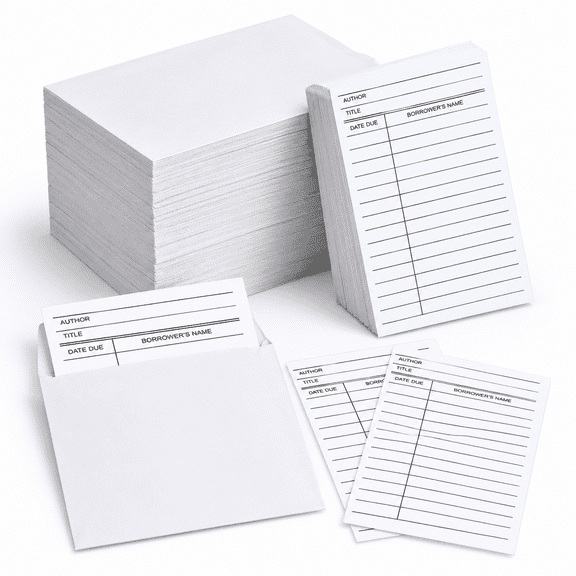 White Self-Adhesive Library Card Pockets and Due Date Cards Set