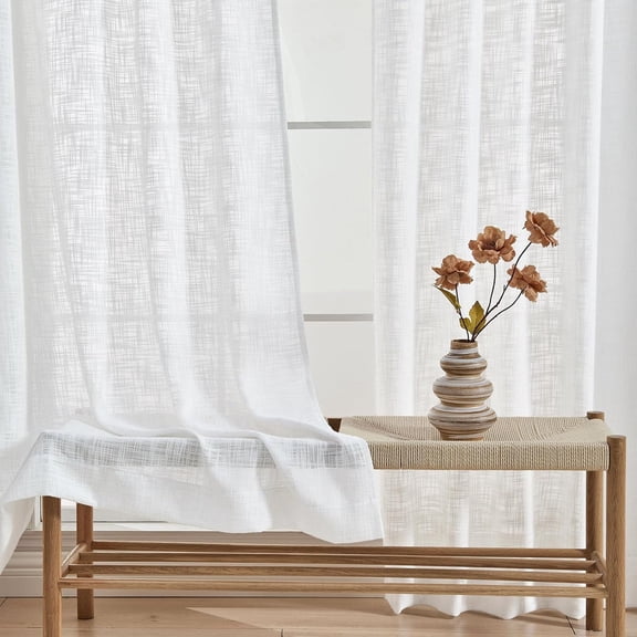 White Semi Sheer Curtains 108 Inches Long Large Floor to Ceiling Window Curtains, Light Filtering Faux Linen Textured Privacy Drapes, Soft Extra Long Curtain for Living Room, 52 x 108 Inch