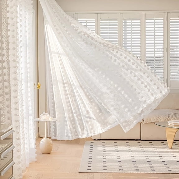 White Semi-Sheer Window Curtains 63 Inch Pom Pom Tufted Drapes 2 Panels