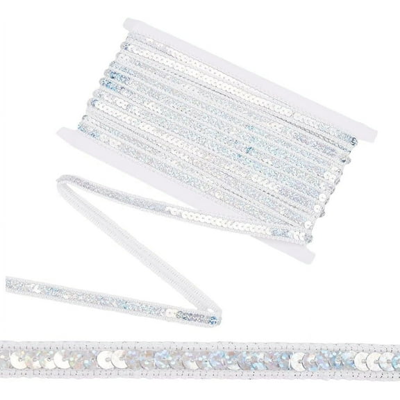 White Sequin Bead Fabric Ribbon Trim Flat Bling Metallic Glitter Gimp Lace Sequins Beaded Polyester Strip Bulk Roll for Sewing Making Crafts Gift Wrapping Clothes Dresses Wedding DIY