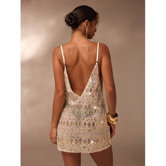 White Sequin Embellished Sheer V-Neck Backless Mini Dress For Party Nightclub Outings