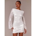 thumbnail image 1 of White Sequin Flared Sleeve Mini Dress, Boat Neck, Body-Skimming, Evening Party Cocktail Dress, 1 of 5