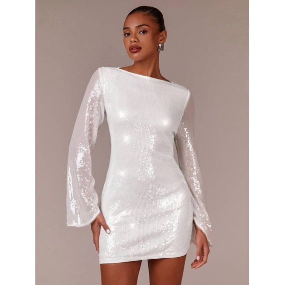 White Sequin Flared Sleeve Mini Dress, Boat Neck, Body-Skimming, Evening Party Cocktail Dress