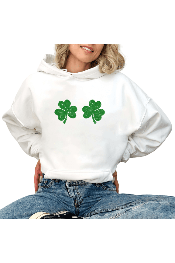 White Sequined Element Print Hoodie Graphic Sweatshirt St Patrick’s Day Double Clover S-2XL Festive Vibe Pullover Tops