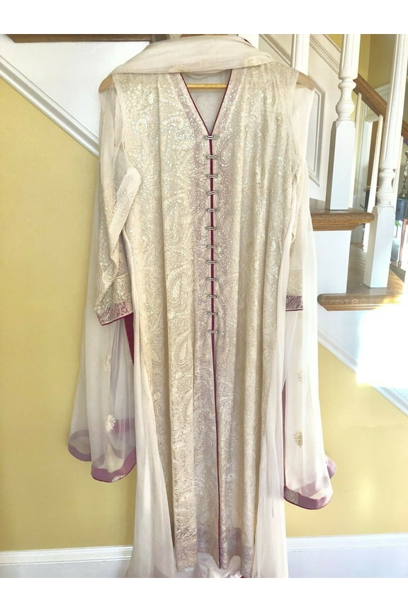 White Sequins M Embroidered Pakistani Indian Embellished Shirt Kamez & Dupatta New