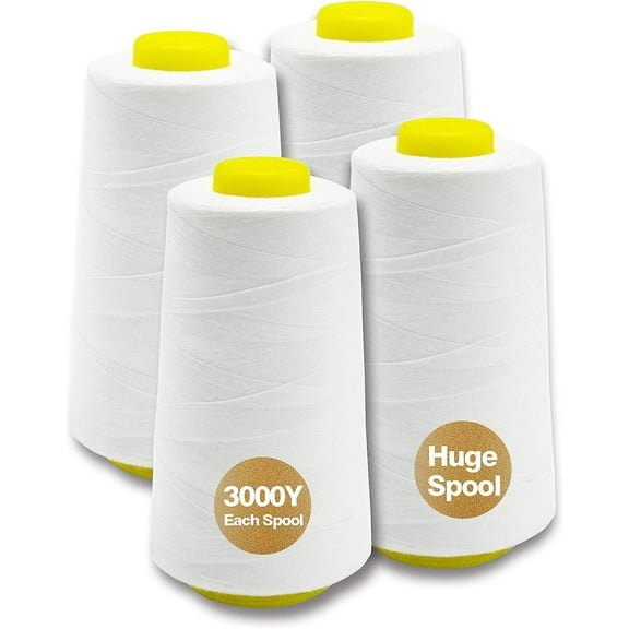 White Serger Thread, All-Purpose Thread for Sewing, Polyester, 4 Cones of 3000 Yards Each Spool for Sewing Machine