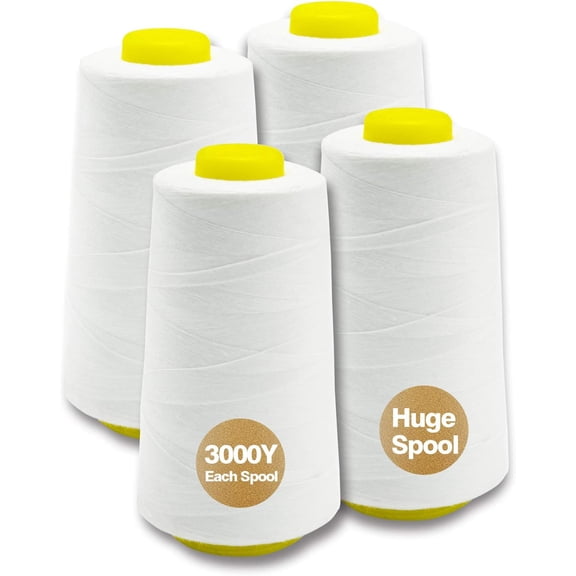 White Serger Thread, -Purpose Thread for Sewing, Polyester, 4 Cones of 3000 Yards Each Spool for Sewing Machine